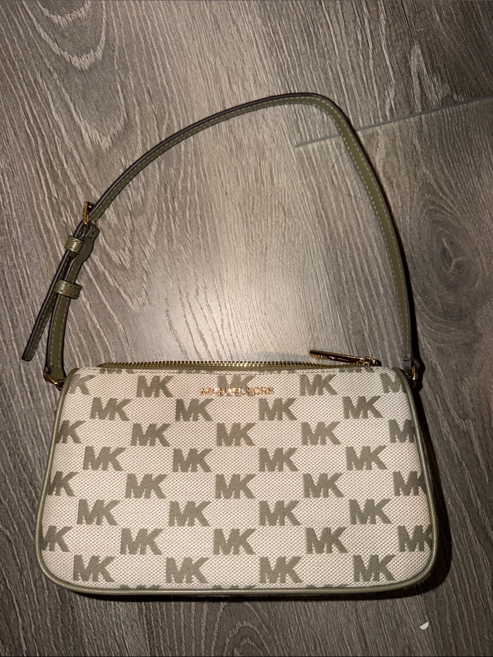 Michael Kors White & Olive MK Logo Shoulder Bag
